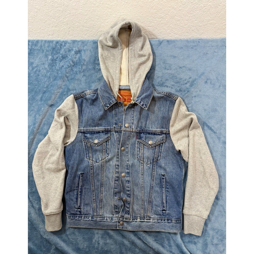 Levis Hybrid Denim Hoodie Trucker Jacket Mens S Small Jean Fleeces Sleeves Gray